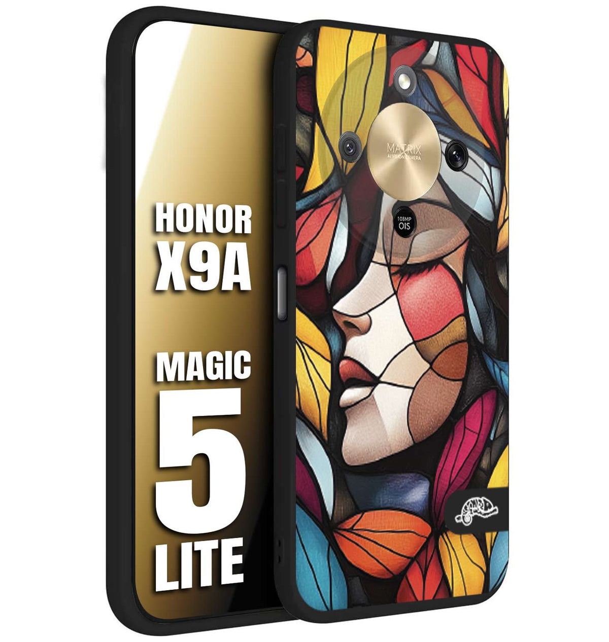 CUSTOMIZZA - Custodia cover nera morbida in tpu compatibile per Honor X9A - Honor Magic 5 Lite Vetrata artistica volto di donna profilo fogliare mosaico di vetro colorato