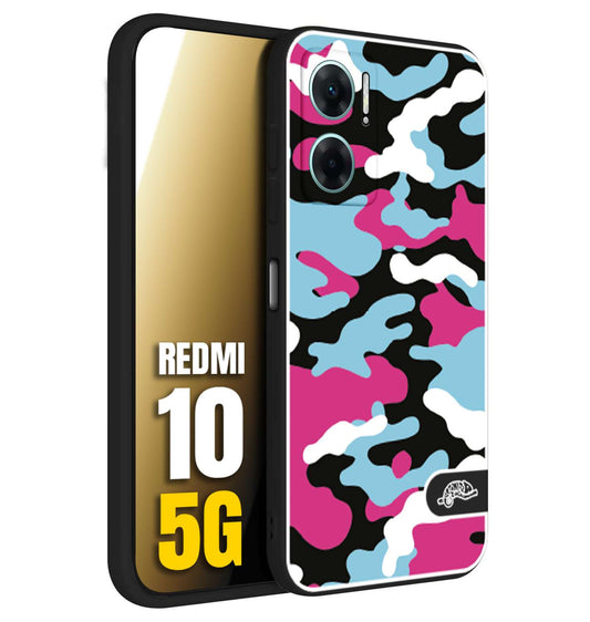 CUSTOMIZZA - Custodia cover nera morbida in tpu compatibile per Xiaomi Redmi 10 5G camouflage mimetico militare fucsia celeste