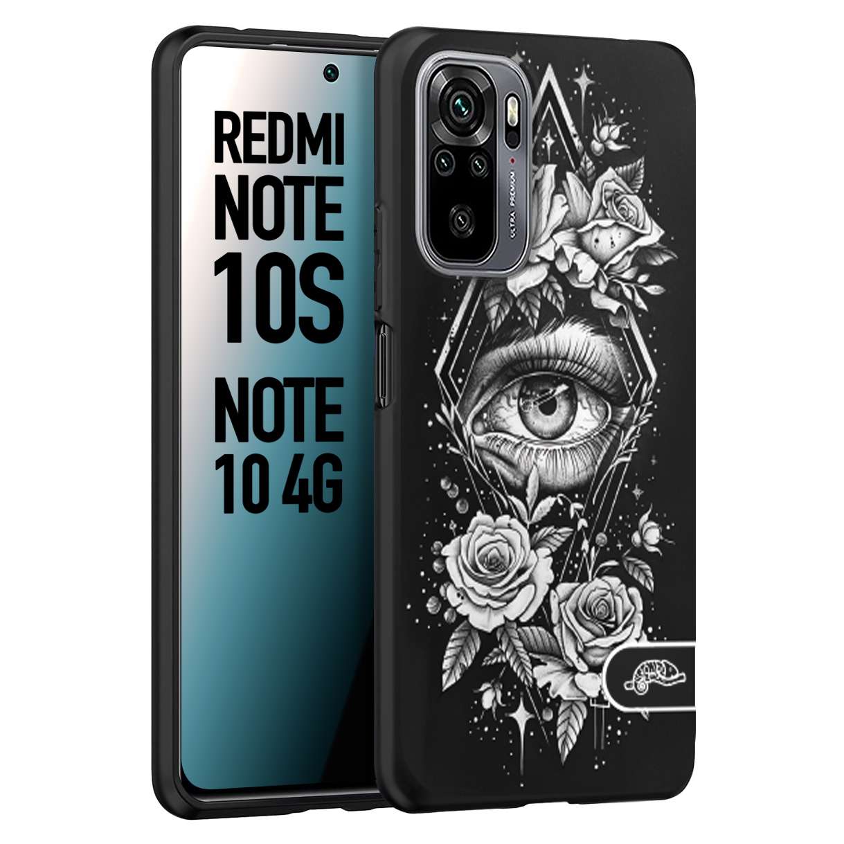 CUSTOMIZZA - Custodia cover nera morbida in tpu compatibile per Xiaomi Redmi Note 10S occhio fiori rombo geometrico black and white bianco a rilievo disegnato tattoo tatuaggio