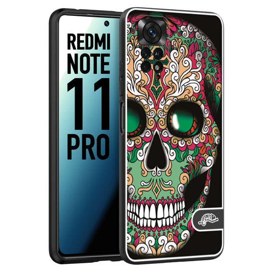 CUSTOMIZZA - Custodia cover nera morbida in tpu compatibile per Xiaomi Redmi Note 11 PRO teschio messicano Mexican skull verde fucsia