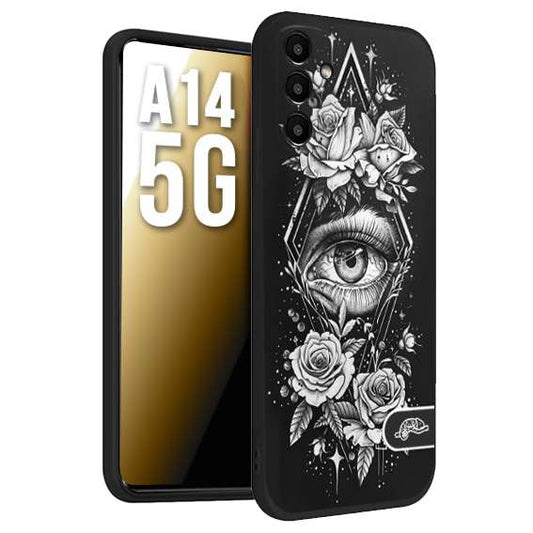 CUSTOMIZZA - Custodia cover nera morbida in tpu compatibile per Samsung A14 5G occhio fiori rombo geometrico black and white bianco a rilievo disegnato tattoo tatuaggio