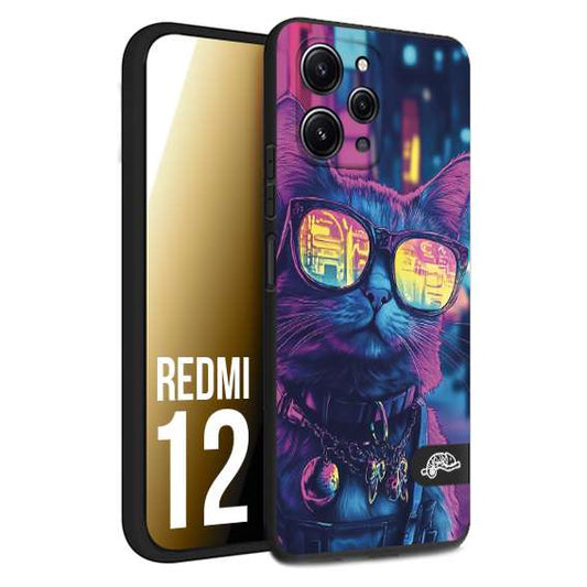 CUSTOMIZZA - Custodia cover nera morbida in tpu compatibile per Xiaomi Redmi 12 animali cyberpunk gatto street cat fucsia blu giallo