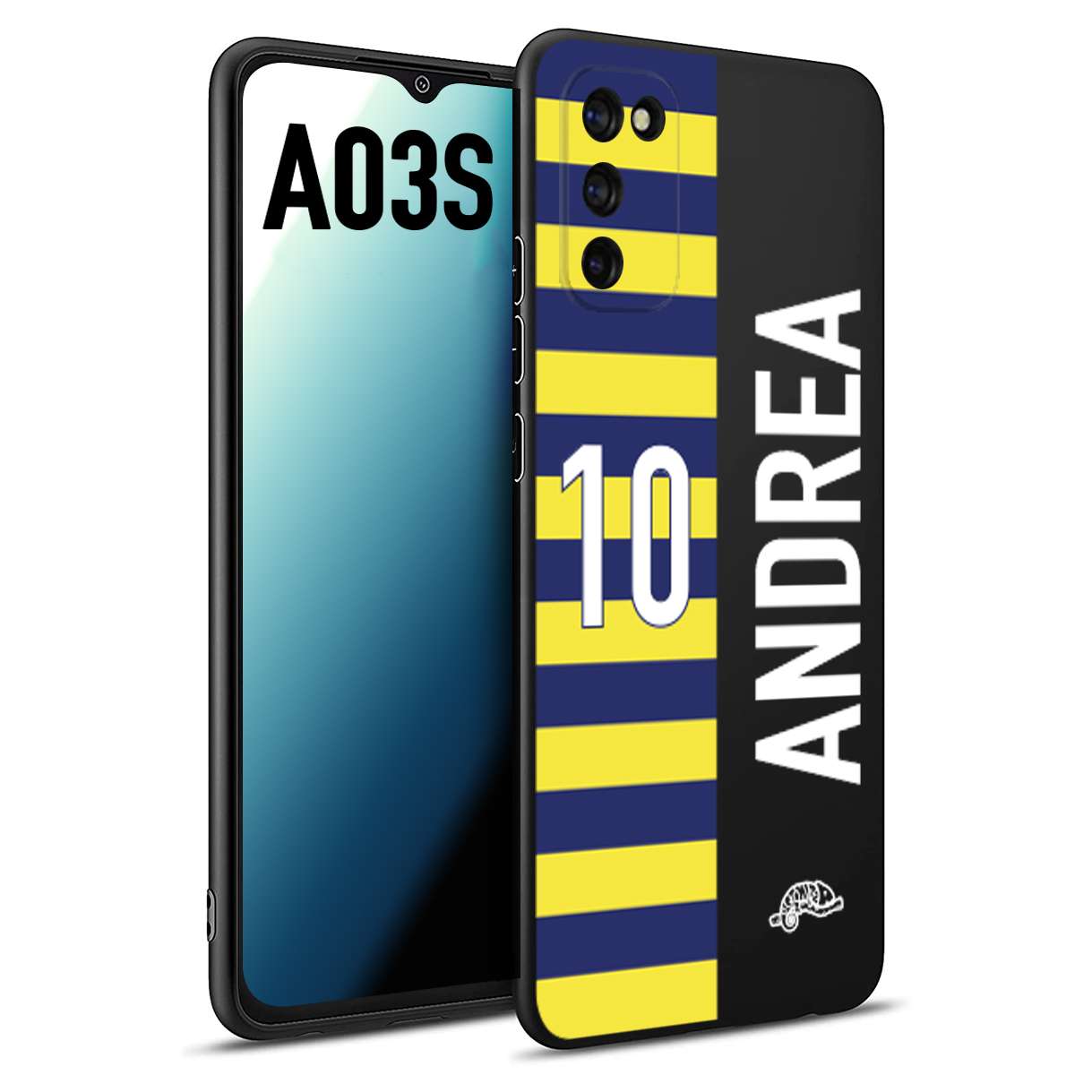 CUSTOMIZZA - Custodia cover nera morbida in tpu compatibile per Samsung A03S personalizzata calcio football nome e numero calciatori giallo blu