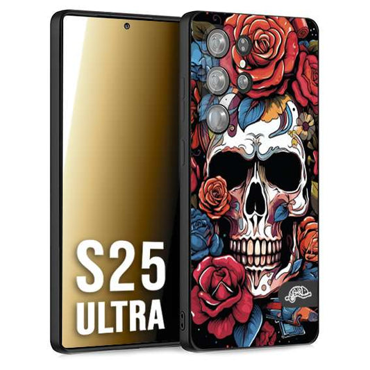 CUSTOMIZZA - Custodia cover nera morbida in tpu compatibile per Samsung S25 ULTRA teschio skull flowers fiori rose rosse tattoo disegnato