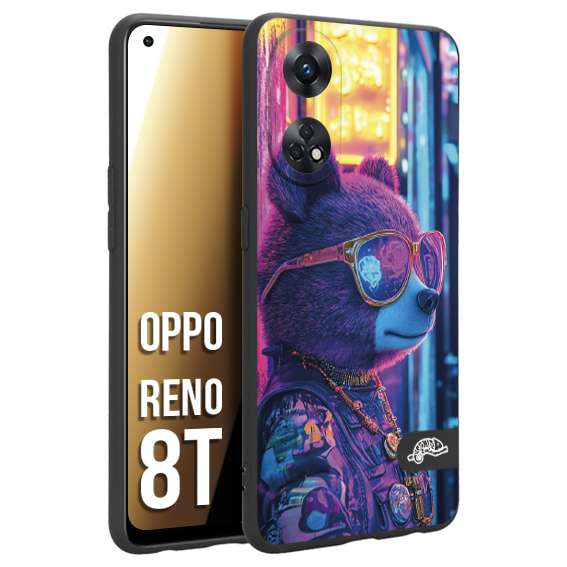 CUSTOMIZZA - Custodia cover nera morbida in tpu compatibile per Oppo Reno 8T animali cyberpunk orsetto orso street bear fucsia blu night
