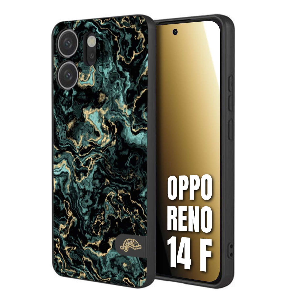CUSTOMIZZA - Custodia cover nera morbida in tpu compatibile per Oppo Reno 14 F effetto marmo marble verde green venature dorato pietra