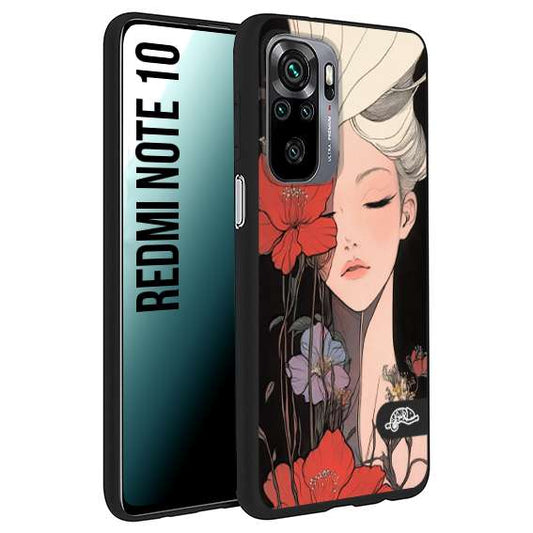 CUSTOMIZZA - Custodia cover nera morbida in tpu compatibile per Xiaomi Redmi Note 10 woman flower Fantasia Floreale Design Donna e Fiori, Retro Artistico