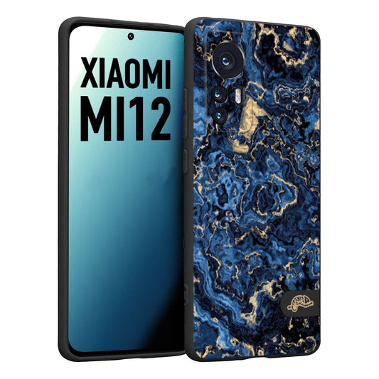 CUSTOMIZZA - Custodia cover nera morbida in tpu compatibile per Xiaomi 12 5G effetto marmo marble blu venature dorato psichedelico