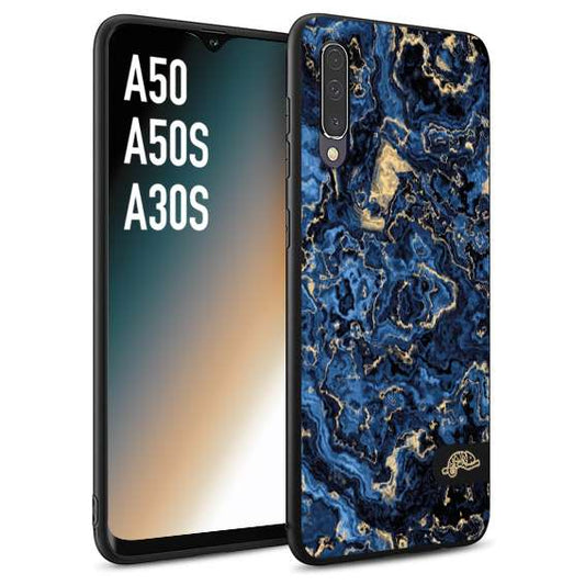 CUSTOMIZZA - Custodia cover nera morbida in tpu compatibile per Samsung A50 - A50S - A30S effetto marmo marble blu venature dorato psichedelico