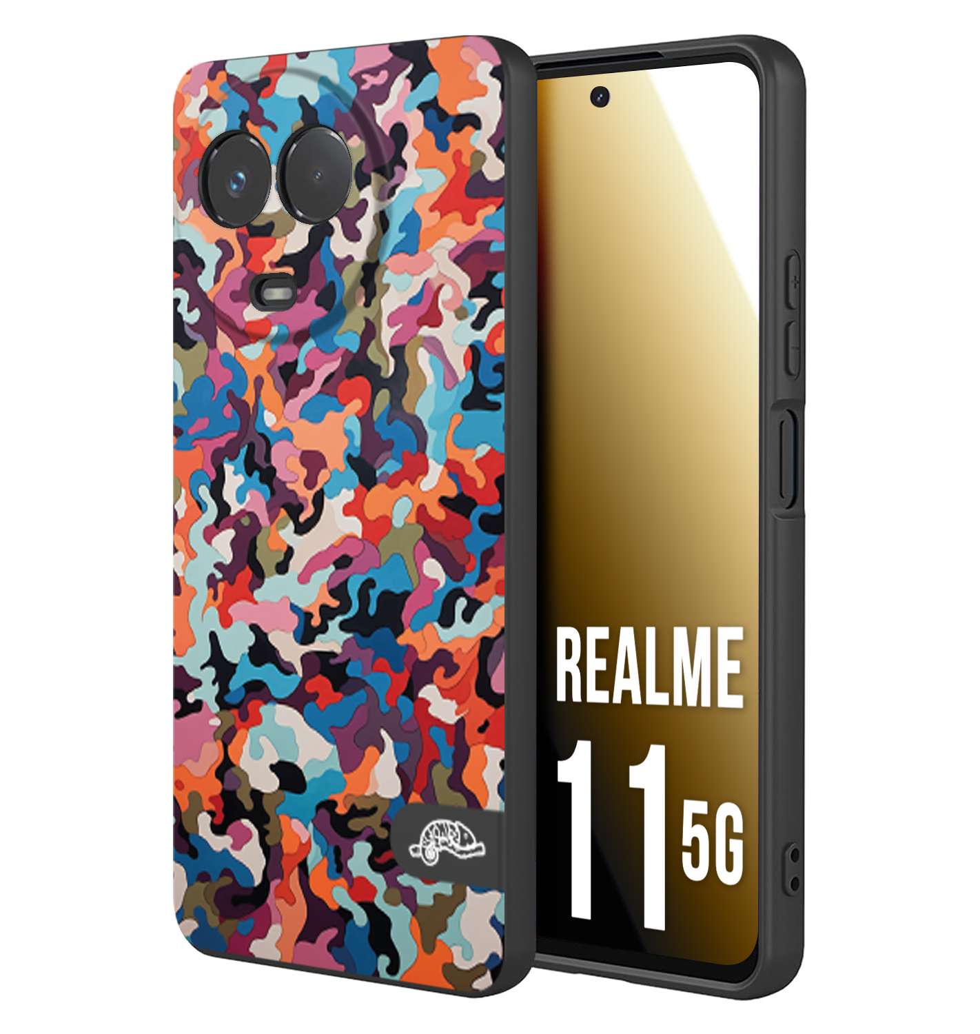 CUSTOMIZZA - Custodia cover nera morbida in tpu compatibile per Oppo Realme 11 5G camouflage mimetico militare moderno blu arancio rosa