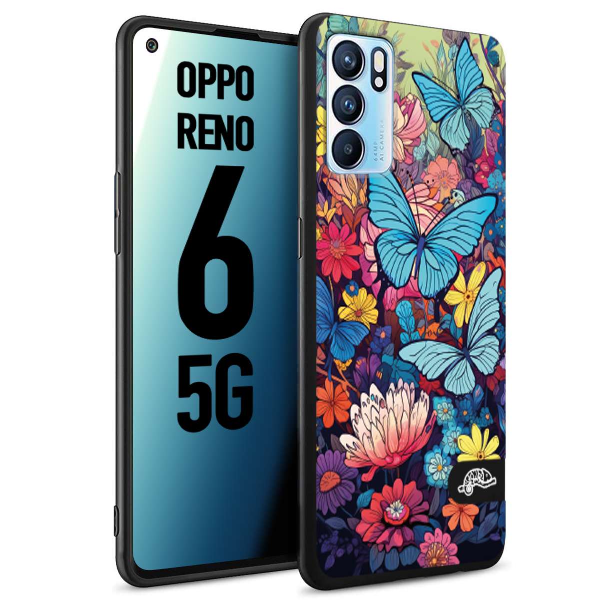 CUSTOMIZZA - Custodia cover nera morbida in tpu compatibile per Oppo Reno 9 PRO PLUS farfalle butterfly moderno donna disegnate gialla blu rosa