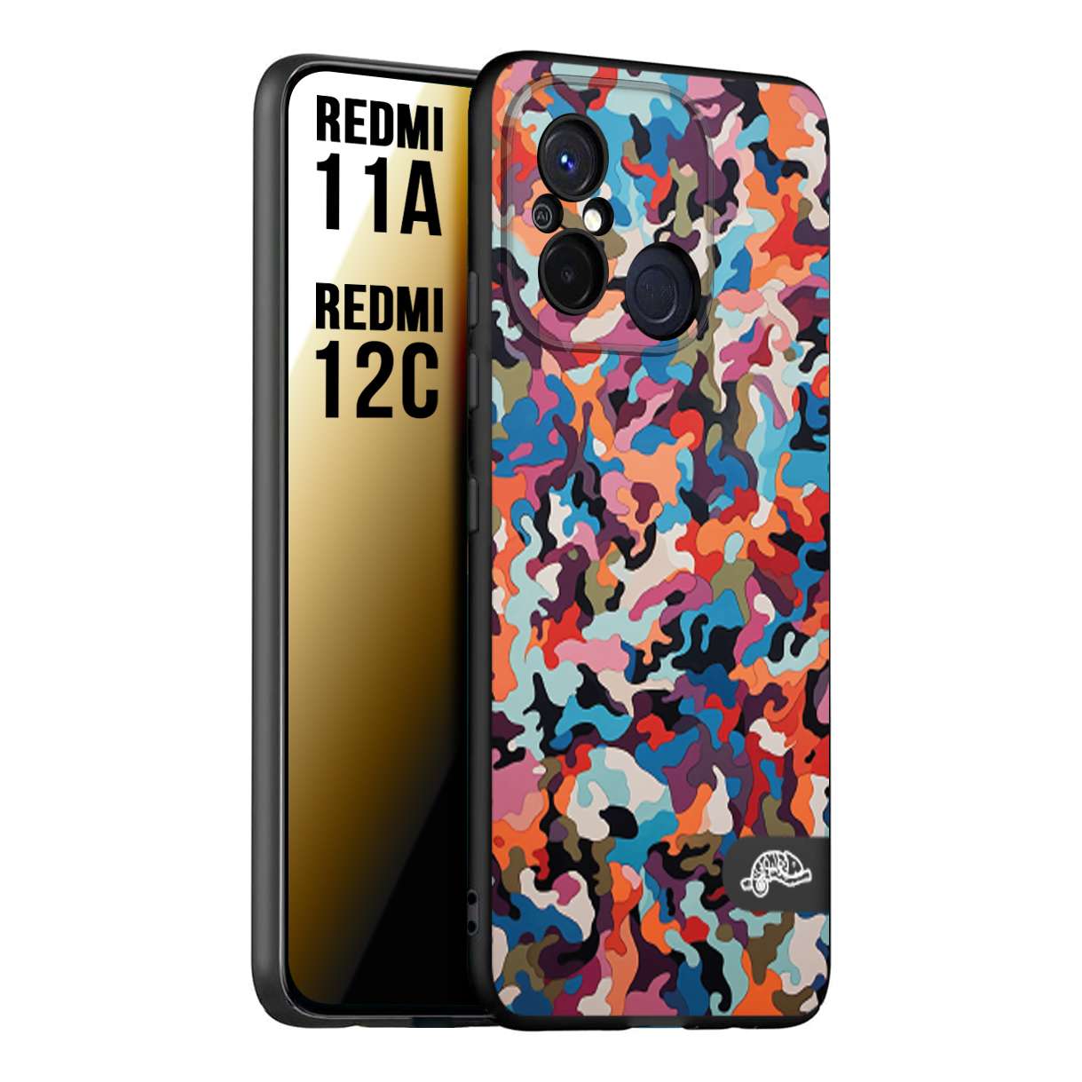 CUSTOMIZZA - Custodia cover nera morbida in tpu compatibile per Xiaomi Redmi 11A - 12C camouflage mimetico militare moderno blu arancio rosa