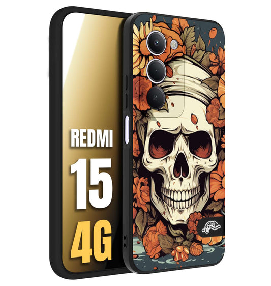 CUSTOMIZZA - Custodia cover nera morbida in tpu compatibile per Xiaomi Redmi 15 4G teschio skull flowers fiori tattoo disegnato alta definizione