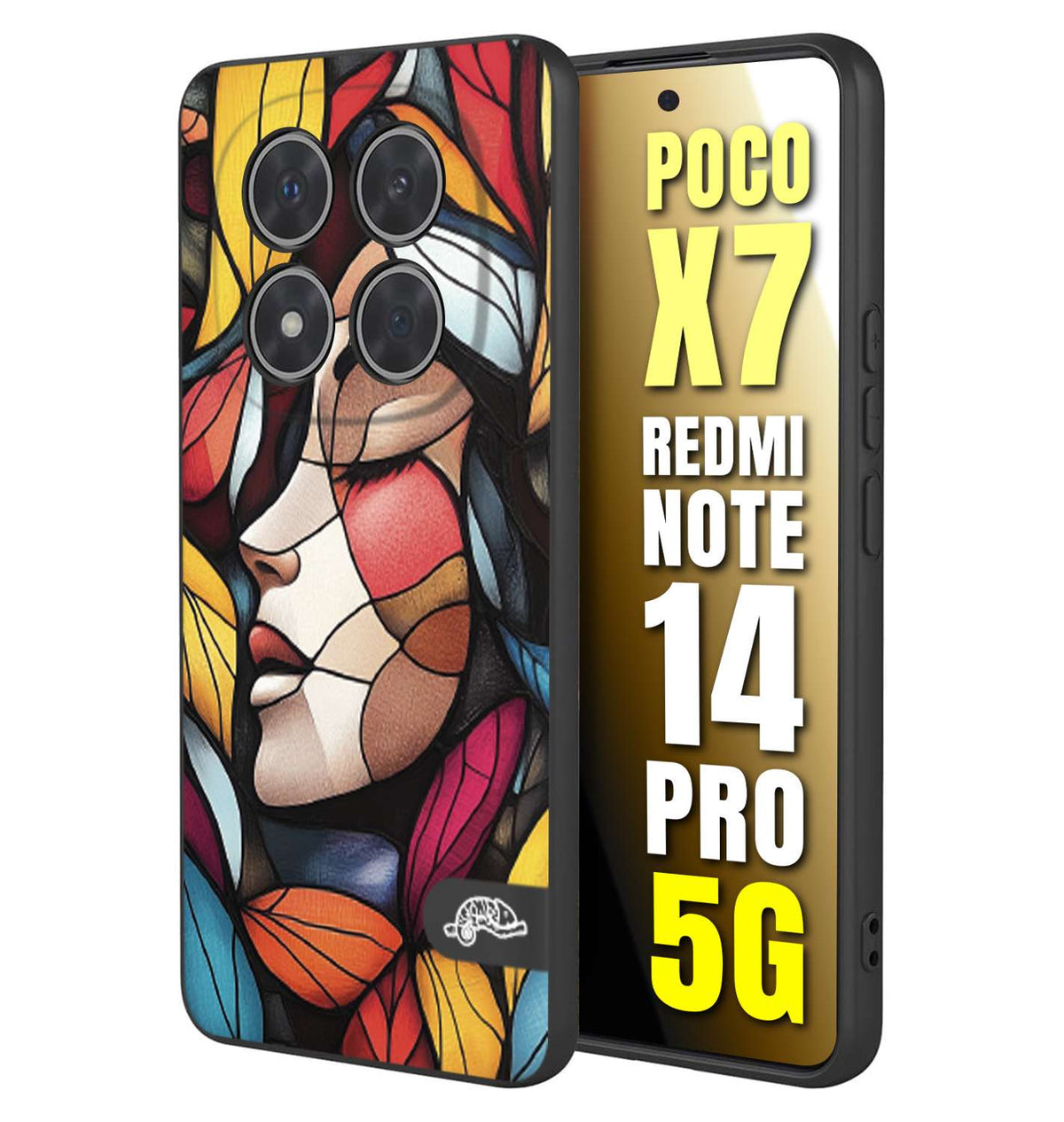 CUSTOMIZZA - Custodia cover nera morbida in tpu compatibile per Xiaomi Redmi Note 14 PRO 5G Vetrata artistica volto di donna profilo fogliare mosaico di vetro colorato