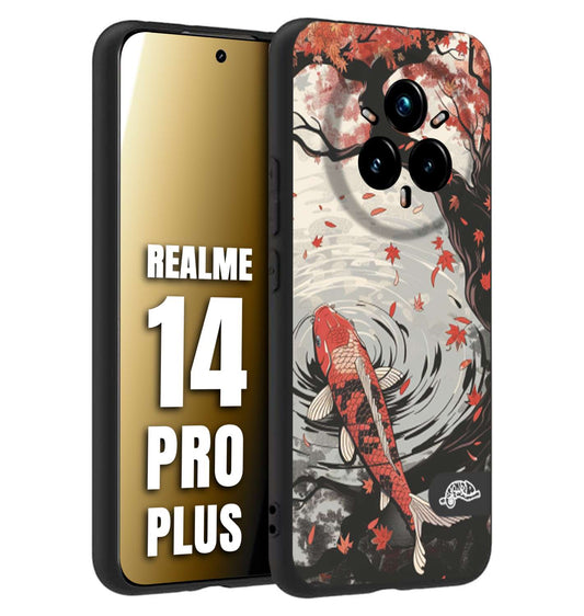 CUSTOMIZZA - Custodia cover nera morbida in tpu compatibile per Realme 14 PRO PLUS giapponese lago carpa koi rossa con foglie d'acero rosso disegnata tattoo
