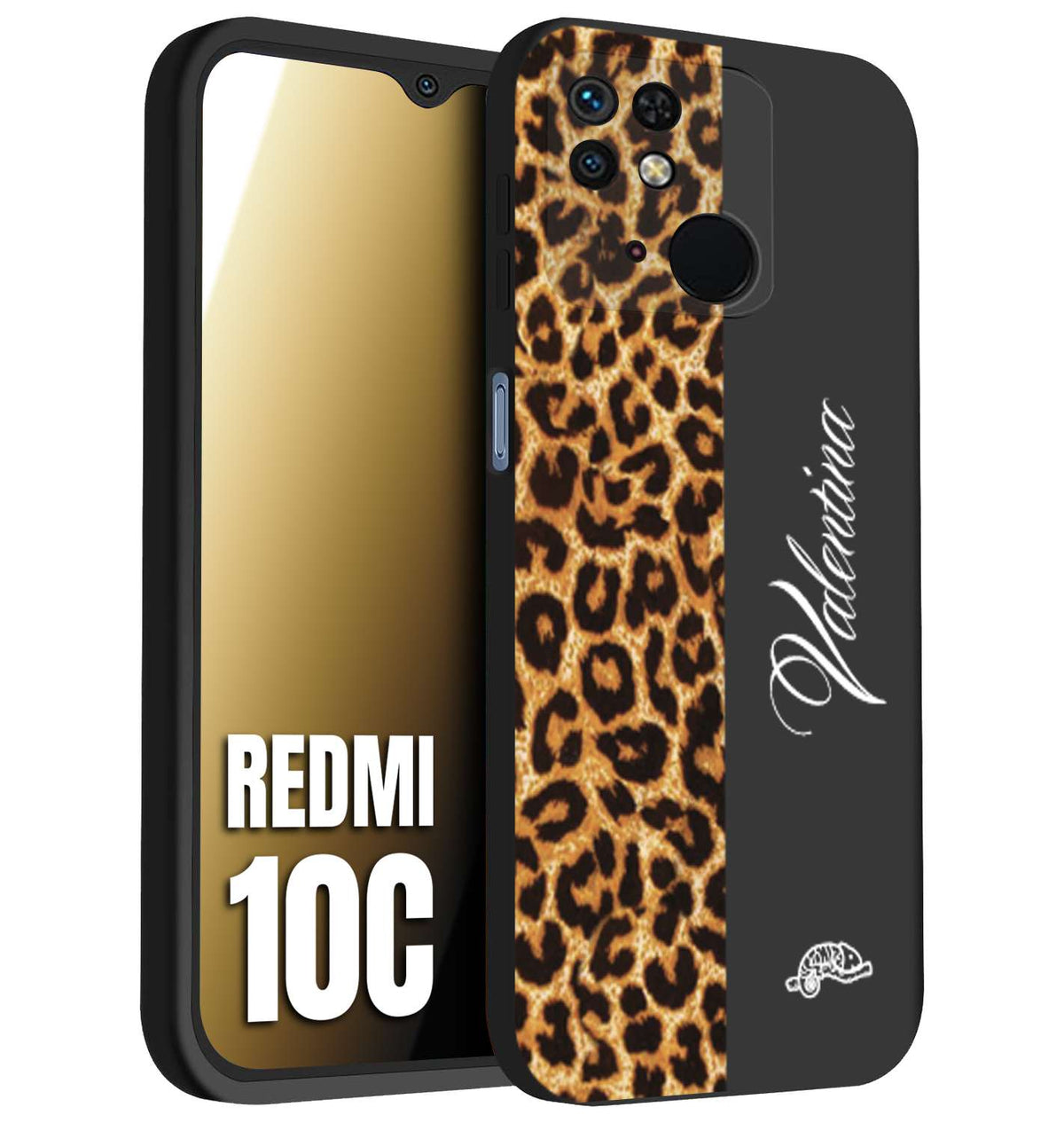 CUSTOMIZZA - Custodia cover nera morbida in tpu compatibile per Xiaomi Redmi 10C custom nome scritta leopardato maculato donna marrone leopard