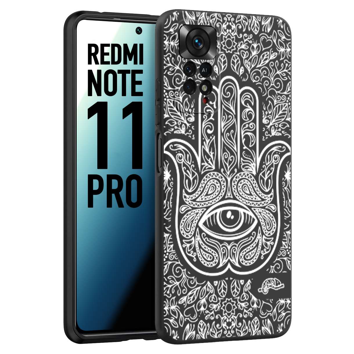 CUSTOMIZZA - Custodia cover nera morbida in tpu compatibile per Xiaomi Redmi Note 11 PRO mano di fatima effetto rilievo mandala donna