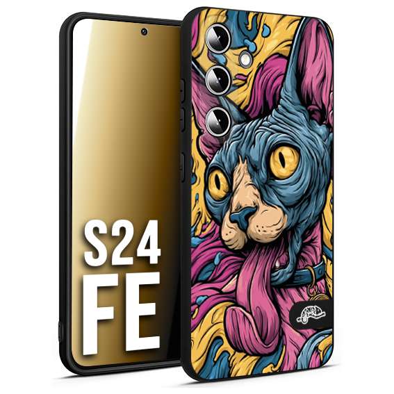 CUSTOMIZZA - Custodia cover nera morbida in tpu compatibile per Samsung S24 FE Sphynx Colorato Pop Art Psichedelico Gatto Blu Rosa Giallo Artistica Fantasy