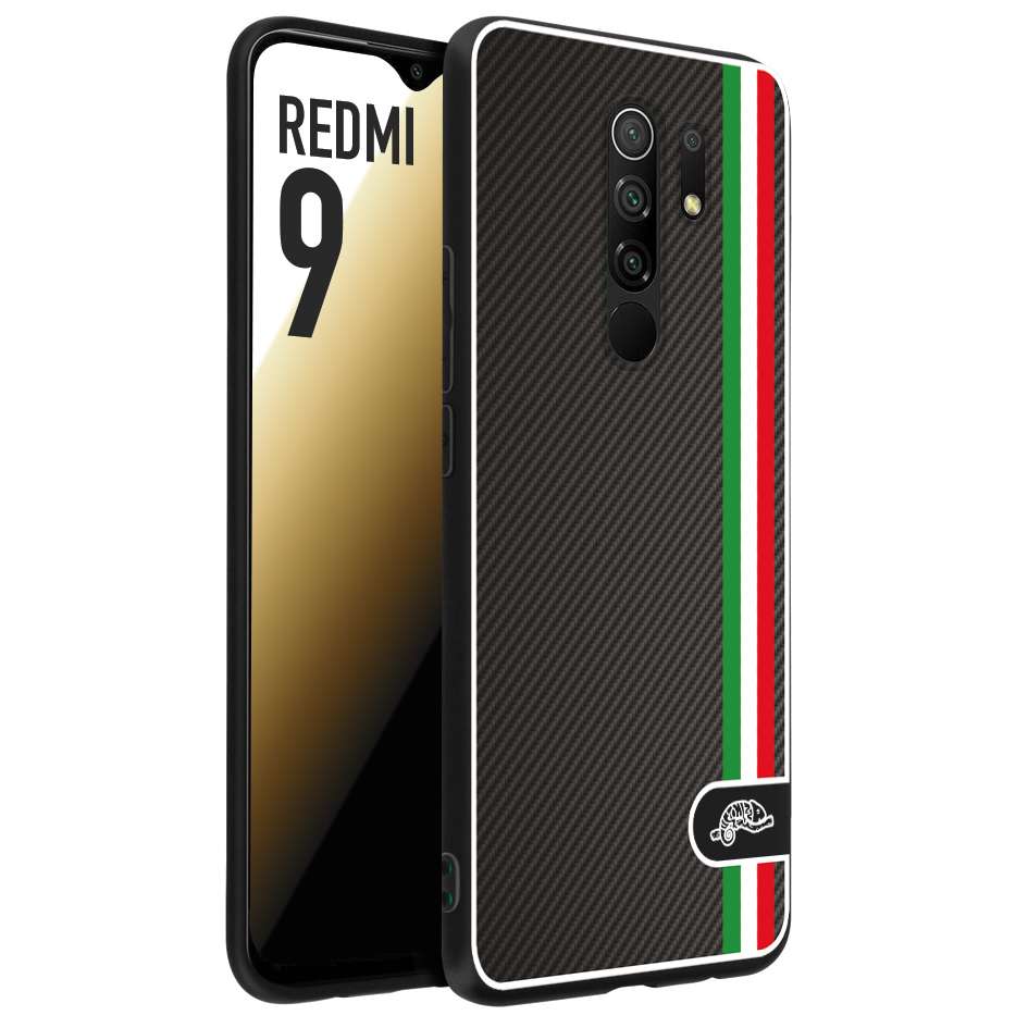 CUSTOMIZZA - Custodia cover nera morbida in tpu compatibile per Xiaomi Redmi 9 effetto fibra di carbonio bandiera Italia made in Italy