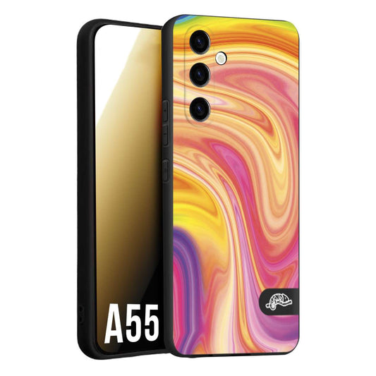 CUSTOMIZZA - Custodia cover nera morbida in tpu compatibile per Samsung A55 5G colorata fantasia vortice marmo onde rosa fucsia gialla