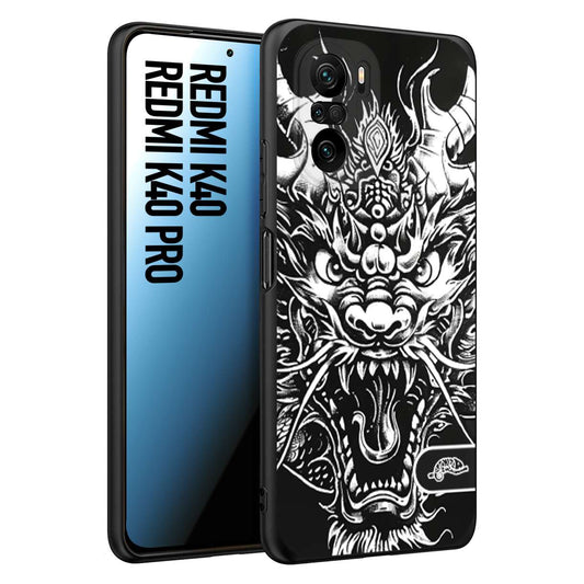CUSTOMIZZA - Custodia cover nera morbida in tpu compatibile per Xiaomi Redmi K40 - K40 Pro drago black and white bianco a rilievo disegnato tattoo tatuaggio