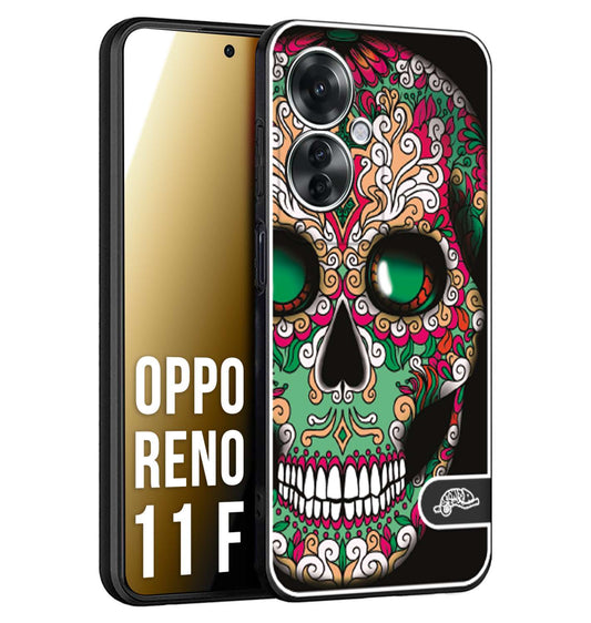 CUSTOMIZZA - Custodia cover nera morbida in tpu compatibile per Oppo Reno 11 F 5G teschio messicano Mexican skull verde fucsia