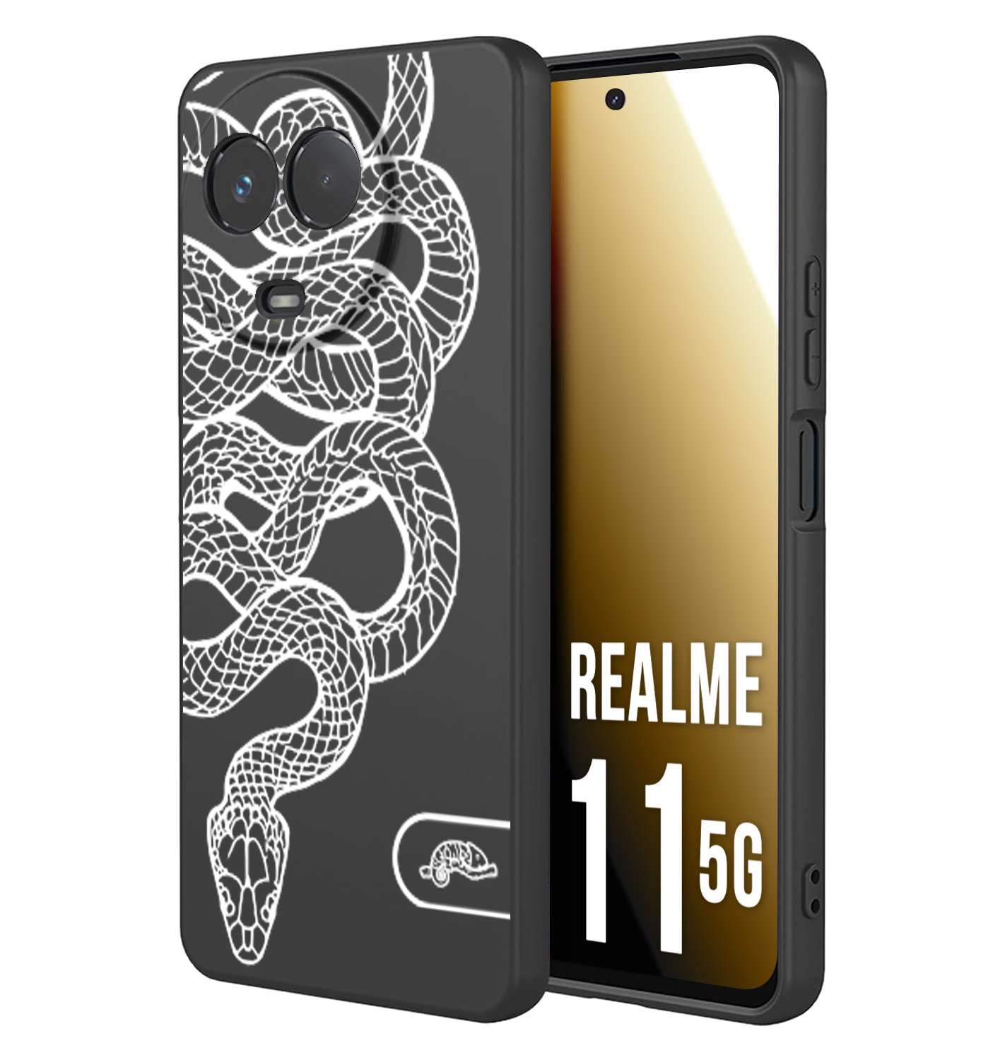 CUSTOMIZZA - Custodia cover nera morbida in tpu compatibile per Oppo Realme 11 5G serpente snake bianco a rilievo disegnato tattoo tatuaggio