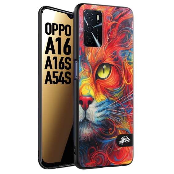 CUSTOMIZZA - Custodia cover nera morbida in tpu compatibile per Oppo A16 - A16S - A54S animali color cat gatto viso colori vibranti disegnato schizzo