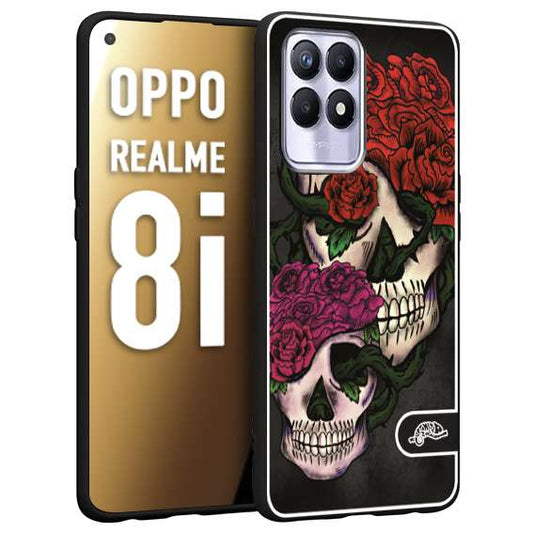 CUSTOMIZZA - Custodia cover nera morbida in tpu compatibile per Realme 8i teschi e rose rosse fucsia skull and roses