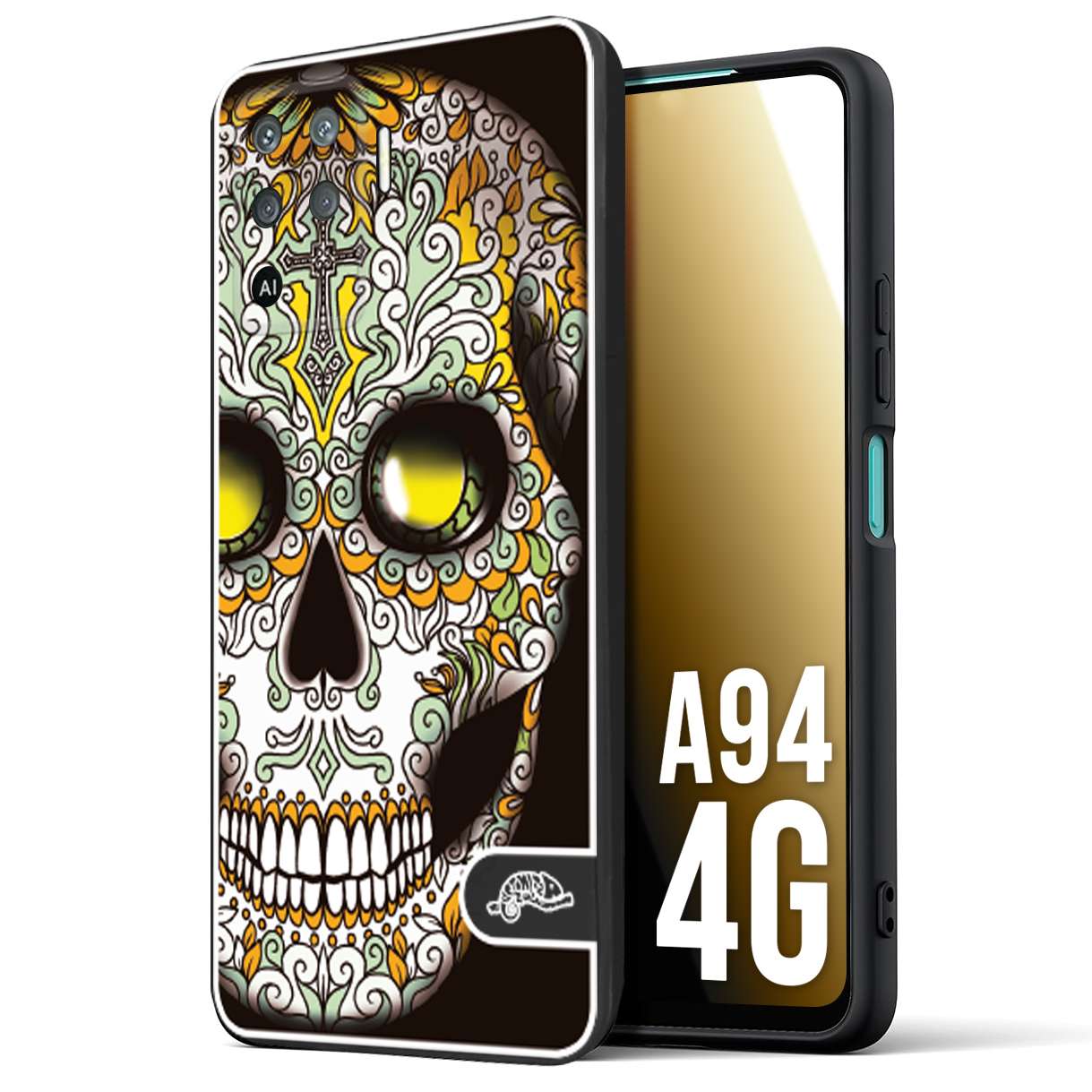 CUSTOMIZZA - Custodia cover nera morbida in tpu compatibile per Oppo A94 4G teschio messicano Mexican skull bianco verde giallo