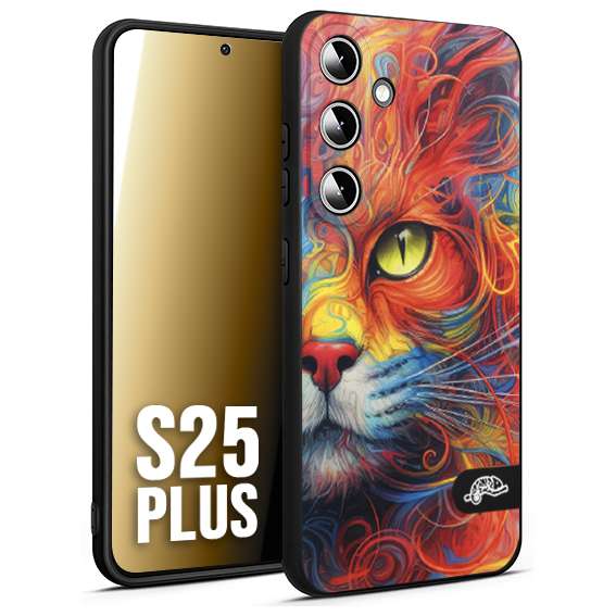 CUSTOMIZZA - Custodia cover nera morbida in tpu compatibile per Samsung S25 PLUS animali color cat gatto viso colori vibranti disegnato schizzo