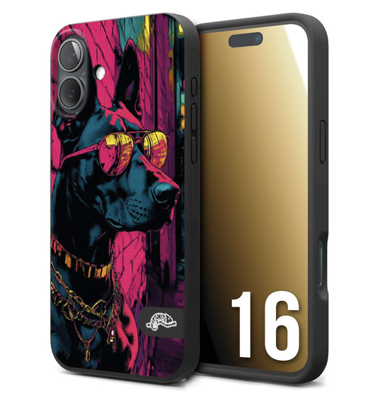CUSTOMIZZA - Custodia cover nera morbida in tpu compatibile per iPhone 16 animali cyberpunk dobermann cane street dog fucsia blu