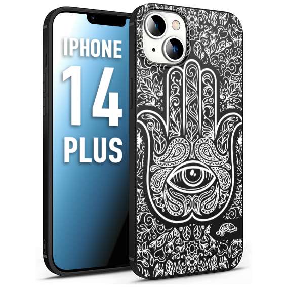 CUSTOMIZZA - Custodia cover nera morbida in tpu compatibile per iPhone 14 PLUS mano di fatima effetto rilievo mandala donna