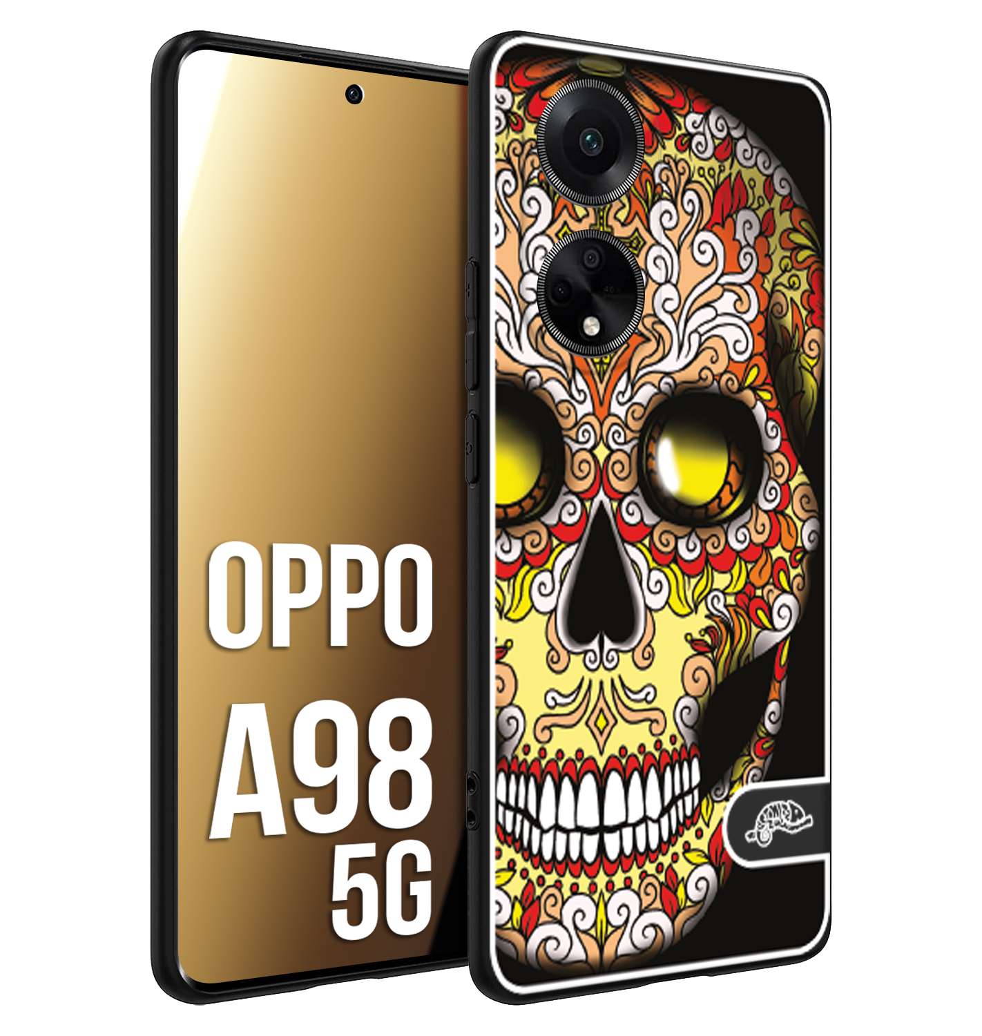 CUSTOMIZZA - Custodia cover nera morbida in tpu compatibile per Oppo A98 5G teschio messicano Mexican skull giallo rosso arancio