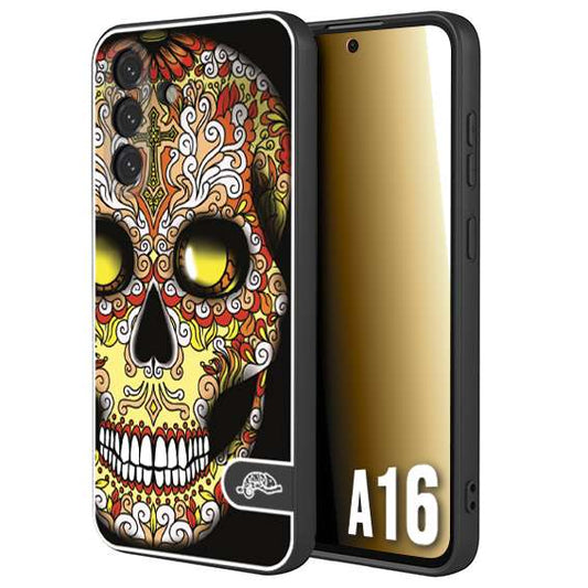 CUSTOMIZZA - Custodia cover nera morbida in tpu compatibile per Samsung A16 teschio messicano Mexican skull giallo rosso arancio
