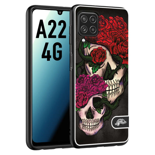 CUSTOMIZZA - Custodia cover nera morbida in tpu compatibile per Samsung A22 4G teschi e rose rosse fucsia skull and roses