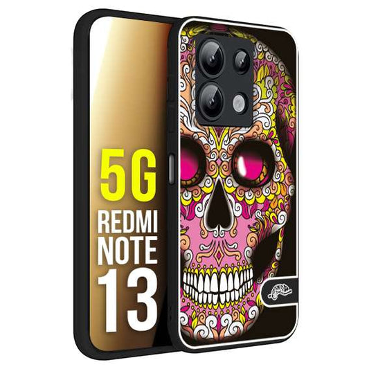 CUSTOMIZZA - Custodia cover nera morbida in tpu compatibile per Xiaomi Redmi Note 13 5G teschio messicano Mexican skull rosa gialla