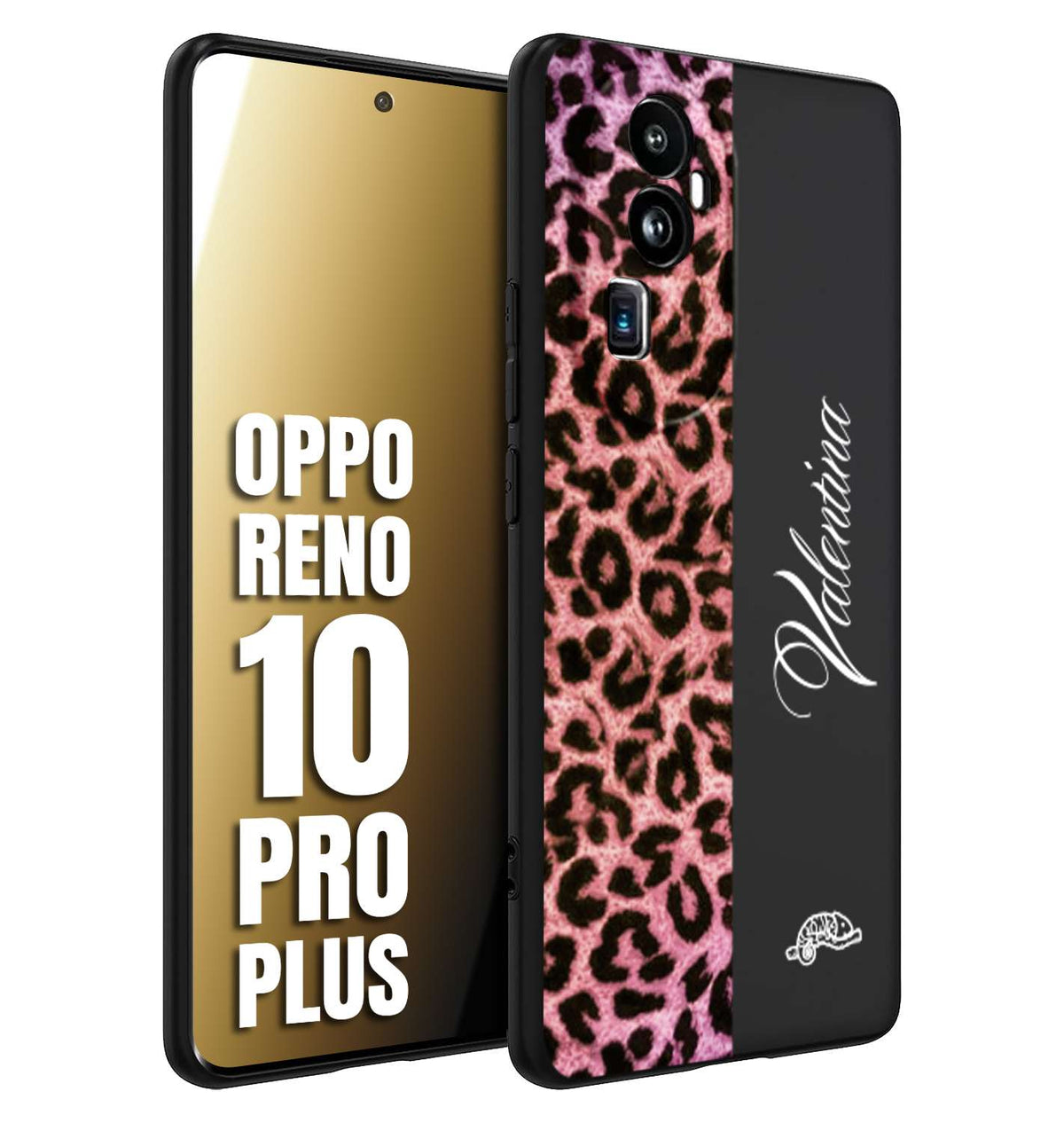 CUSTOMIZZA - Custodia cover nera morbida in tpu compatibile per Oppo Reno 10 PRO PLUS leopardato rosa fucsia personalizzata nome iniziali