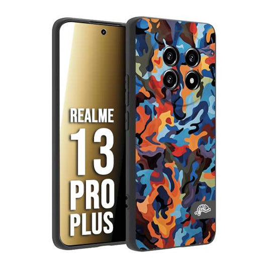 CUSTOMIZZA - Custodia cover nera morbida in tpu compatibile per Realme 13 PRO PLUS camouflage mimetico militare moderno blu arancio rosso
