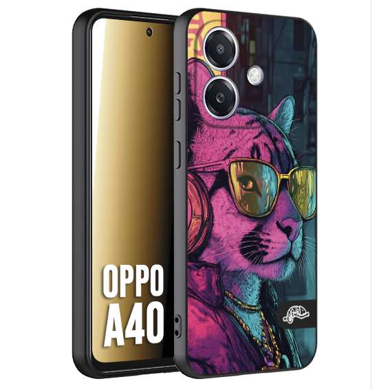 CUSTOMIZZA - Custodia cover nera morbida in tpu compatibile per Oppo A40 animali cyberpunk pantera street cat fucsia blu giallo