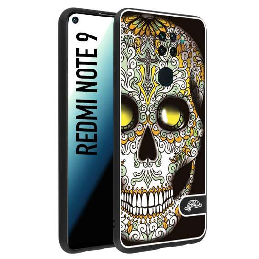 CUSTOMIZZA - Custodia cover nera morbida in tpu compatibile per Xiaomi Redmi Note 9 teschio messicano Mexican skull bianco verde giallo