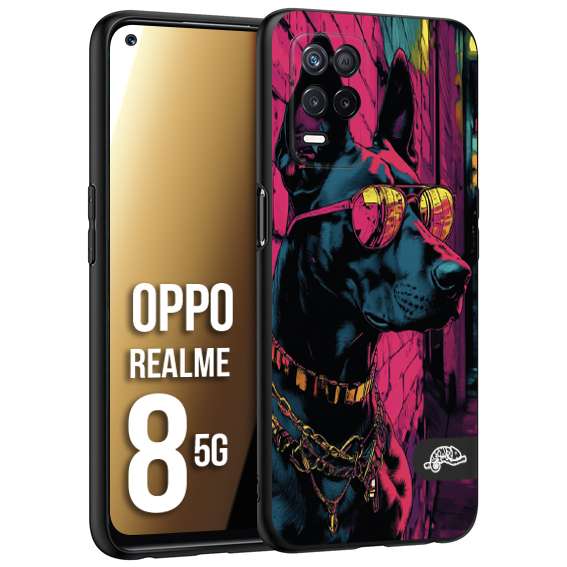 CUSTOMIZZA - Custodia cover nera morbida in tpu compatibile per Realme 8 5G animali cyberpunk dobermann cane street dog fucsia blu