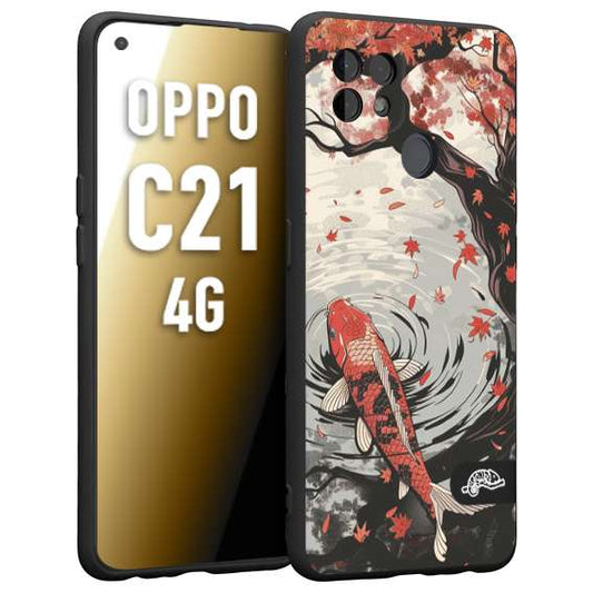 CUSTOMIZZA - Custodia cover nera morbida in tpu compatibile per Realme C21 4G giapponese lago carpa koi rossa con foglie d'acero rosso disegnata tattoo