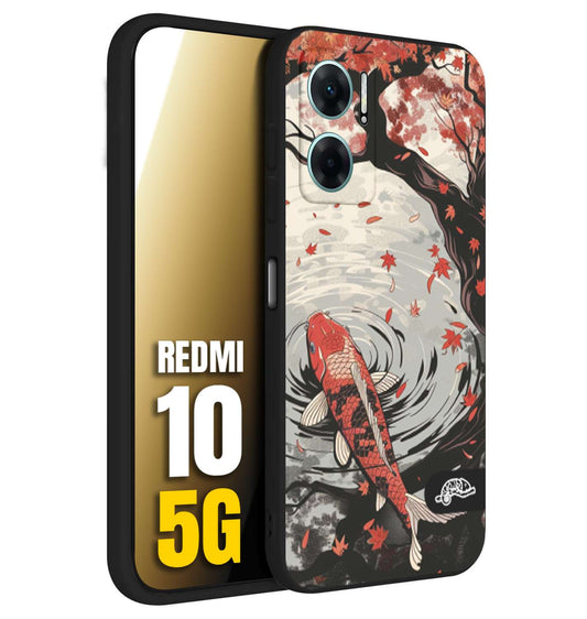 CUSTOMIZZA - Custodia cover nera morbida in tpu compatibile per Xiaomi Redmi 10 5G giapponese lago carpa koi rossa con foglie d'acero rosso disegnata tattoo