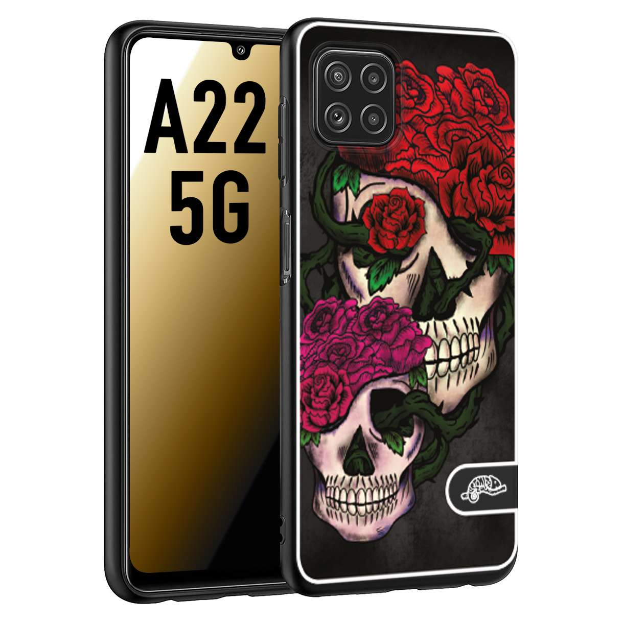 CUSTOMIZZA - Custodia cover nera morbida in tpu compatibile per Samsung A22 5G teschi e rose rosse fucsia skull and roses