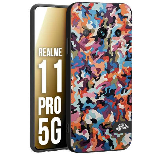 CUSTOMIZZA - Custodia cover nera morbida in tpu compatibile per Realme 11 PRO 5G camouflage mimetico militare moderno blu arancio rosa