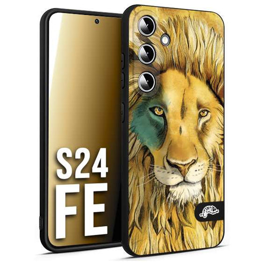 CUSTOMIZZA - Custodia cover nera morbida in tpu compatibile per Samsung S24 FE leone lion disegnato a mano giallo blu a rilievo artistico brown