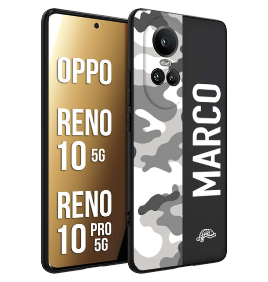 CUSTOMIZZA - Custodia cover nera morbida in tpu compatibile per Oppo Reno 10 5G - 10 PRO 5G camouflage mimetico militare personalizzata nome bianco