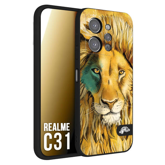 CUSTOMIZZA - Custodia cover nera morbida in tpu compatibile per Oppo Realme C31 leone lion disegnato a mano giallo blu a rilievo artistico brown