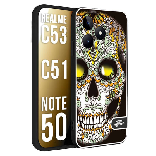 CUSTOMIZZA - Custodia cover nera morbida in tpu compatibile per Oppo Realme C53 - C51 - NOTE 50 teschio messicano Mexican skull bianco verde giallo